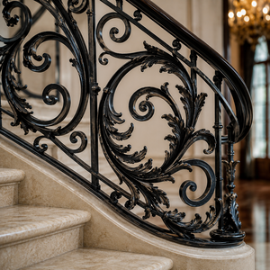 Classic Black Wrought <b>Iron</b> Stair Railing Ornate Scroll Balustrade Curved Handrail Luxury Villa Hotel Supplier - Product Image 1