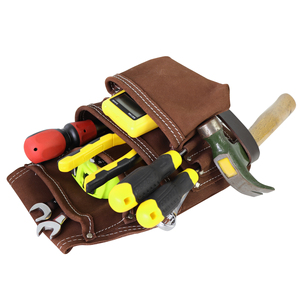 Brown Leather <b>Tool</b> <b>Roll</b> With Multiple Pockets Hammer Holder Screwdriver Wrench Pliers Tape Measure Cell Phone Storage Waist <b>Bag</b> - Product Image 4