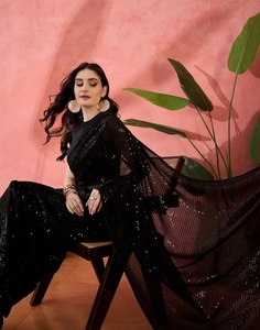 KV Black Sequinned Embellished <b>Saree</b> with Unstitched <b>Blouse</b> - Product Image 1