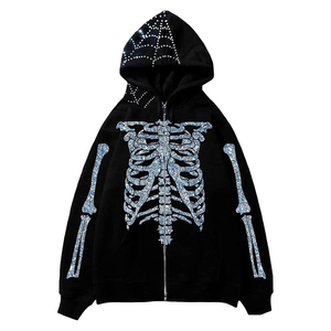 Sudadera con capucha unisex negra de invierno con estampado de esqueleto rojo brillante, tela de araña con pedrería, estilo gótico urbano, bordada, con cremallera frontal, oversize - Product Image 2