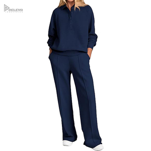 OEM Wholesale Autumn Winter Women Clothing Set Button Polo Neck Long Sleeve Pullover Tops and Wide Leg Sweatpants 2 Piece Lounge - Product Image 3