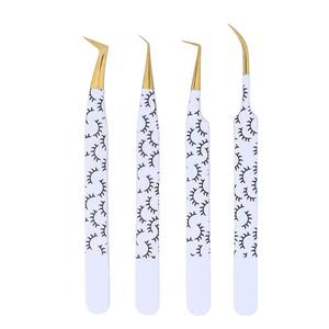 Ensemble de pinces à cils, 4 pièces, motif blanc et noir, pointe dorée, précision en acier inoxydable, pour extension de cils - Product Image 1