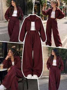 Conjunto Deportivo de Dos Piezas para Mujer, Azul Cielo y Rosa, Chaqueta Corta con Cierre, Pantalones Jogger de Cintura Alta y Pierna Ancha, Ropa Casual para Estar en Casa - Product Image 2