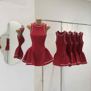Red Sleeveless A-Line Mid-Calf Chiffon <b>Dress</b> with Lace Trim Scoop Neck <b>Romantic</b> Style 100% Polyester Quick Dry Summer Casual - Product Image 3