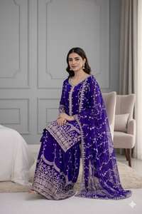 Elegante conjunto de traje de seda con bordado pesado y lentejuelas, completamente cosido, listo para usar, conjunto étnico para la temporada festiva y de bodas. - Product Image 3