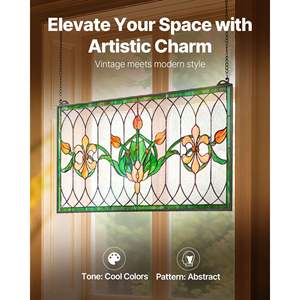 Pannello per finestra in vetro colorato For Style 32 x 17, realizzato a mano, con catena per appendere, transom grande orizzontale rettangolare, modello vintage - Product Image 2