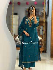 Elegant Dark Green 100% Cotton Embroidery Three Piece Suit for Women with Kurta Pant <b>Dupatta</b> Ethnic Wear Wholesale - Product Image 2