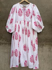 เดรสยาวพิมพ์ลายด้วยมือ ปักลายดอกไม้ สไตล์อินเดีย สำหรับผู้หญิง สวมใส่สบายๆ ผ้าฝ้าย 100% ชุดฤดูร้อน ราคาโรงงาน - Product Image 4