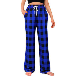 Pantalon large en flanelle à carreaux rouge et noir pour femme, taille mi-haute avec cordon de serrage, coupe ample, longueur intégrale, décontracté, pour l'hiver, 100 % coton - Product Image 3