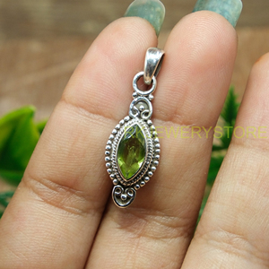 Pendentif en argent sterling 925 avec pierre précieuse péridot vert naturel, fait main, style vintage, coupe marquise, bijoux ethniques bohèmes pour femmes - Product Image 6