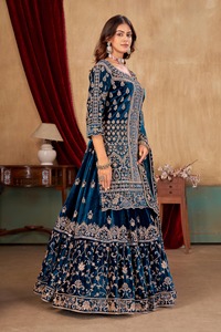 Ensemble de robe Farsi en velours turquoise brodé avec dupatta pour femme, sans plis, protection solaire, tenue de mariage - Product Image 2