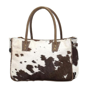 <b>Small</b> Cow Print Purse for Women 14x9 Inch <b>Black</b> and White Western Satchel <b>Bag</b> Brown Leather Handle Zipper Top Trendy Cowgirl - Product Image 6