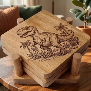 Ensemble de sous-verres carrés en bois avec motif dinosaure, style rustique, faits à la main, antidérapants, finition naturelle, diamètre 10 cm, perles artisanales - Product Image 1