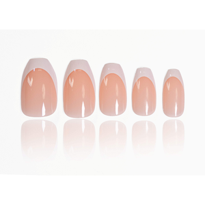 Faux ongles classiques à bout français, forme amande moyenne, couleur nude, en ABS, avec estampage doré, vente en gros, fabricant OEM/ODM - Product Image 1