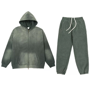 Conjunto Deportivo Unisex de Algodón Lavado, Sudadera con Capucha y Pantalones, Color Sólido, Cierre de Cremallera, Corte Holgado, Estilo Casual para Otoño, Manga Larga - Product Image 1