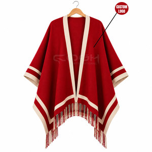 Poncho en tricot rouge à col en V et manches chauve-souris avec franges à pompons 100 % acrylique, style pull long, de la Sororité Cosh International - Product Image 1