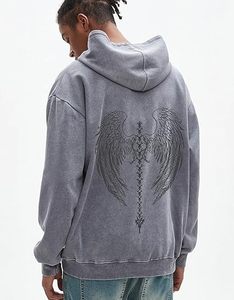 Sudadera con Capucha Aicd Wash con Estampado Gráfico Gótico, Sudadera Oversize con Estampado de Calavera y Alas, Estilo Grunge, Corte Casual - Product Image 4