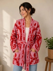 Bata Larga de Algodón 100% Hecha a Mano con Bordado Floral Azul, Reversible, Cuello en V, Kimono con Cinturón para Mujer, Ropa de Estar por Casa - Product Image 2
