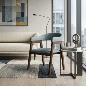 Fauteuil de salle à manger moderne en bois massif, finition noyer, dossier en forme de baril, chaise d'appoint en tissu, pour hôtel, restaurant, café, aménagements artistiques, meubles - Product Image 2