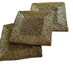 Top Choice Beaded Embroidery Gold Square Shape Four Set <b>Coaster</b> With Luxury Seed Bead And Unique Cup Mat Style - Product Image 1