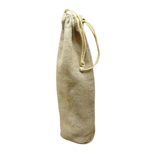 Natural Jute Textile Fabric Cylindrical Shape Design Round Base Drawstring Bottle Packaging Bag
