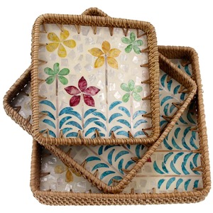 Colorful Mosaic Rattan <b>Serving</b> Tray <b>Set</b> Perfect For Coffee Tea Snacks Kitchen And Dining Table Decor Wholesale From India - Product Image 1