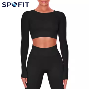 Custom Women's Plus Size Breathable 2 Piece Seamless Fitness Set Long Sleeve Crop Top High Waist Yoga Leggings Custom Logo - Product Image 4