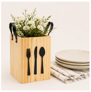 Handcrafted Natural Pine Wood Cutlery Holder With Premium Leather Handles Multi-Compartment Utensil Caddy For Dining <b>Tabletop</b> - Product Image 4