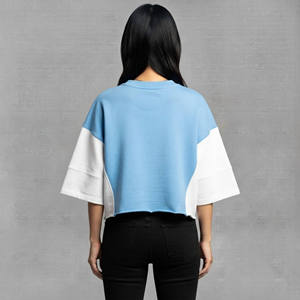 <b>Top</b> Trending Women's Blue White Color Block <b>Crop</b> <b>Top</b> Oversized Crew Neck Half Sleeve Flame Logo Print Cotton Jersey Loose Fit - Product Image 2