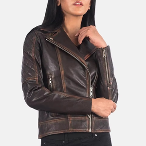 Chaqueta de cuero vintage de nuevo diseño para mujer, estilo desgastado, lavado, de manga larga, con doble cuello, cremallera, estilo motociclista, a la moda. - Product Image 1