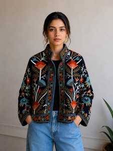 เสื้อแจ็คเก็ตกำมะหยี่ปักลายซูซานีแบบอินเดียทำมือสำหรับผู้หญิง ลายดอกไม้ประณีต เสื้อโค้ทสำหรับฤดูหนาว สไตล์คลาสสิกสำหรับสุภาพสตรี - Product Image 2