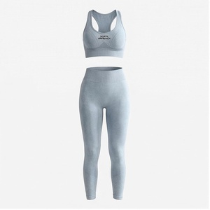 Ensemble de yoga 2 pièces North Approach : Crop top dos nageur et Legging taille haute longueur intégrale, bleu clair uni, anti-transpiration, pour femme - Product Image 1