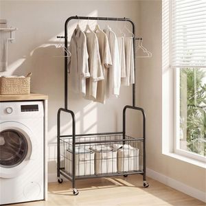 3-in-1 Black Metal Rolling Clothes Rack with <b>Storage</b> <b>Basket</b> and Hooks Organiser <b>for</b> Laundry Bedroom - Product Image 6
