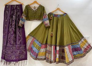 <b>Women</b> Green Cotton <b>Lehenga</b> Choli Set With Purple Dupatta Embroidered Traditional Indian Pakistani Wedding Wear Floor Length Loos - Product Image 2