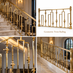 Rampe en métal doré géométrique avec des cadres rectangulaires ouverts et des balustres tournés, balustrade et main courante en métal - Product Image 5