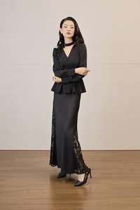 Jupe longue en soie taille haute unie / avec empiècements en dentelle Vietnam toutes saisons MIDNIGHT LILY - Longue pour femme - Tissu doux et élégant KV73 - Product Image 2