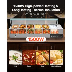 เครื่องอุ่นอาหารไฟฟ้าสแตนเลส 1500 วัตต์ พร้อมฝาแก้วและระบบควบคุมอุณหภูมิ - ถาดขนาด 6 x 1/3 สำหรับบุฟเฟ่ต์ ไบน์มารี - Product Image 2