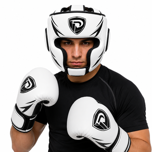 Protège-tête de boxe Dumela blanc et noir en cuir artificiel respirant avec fermeture auto-agrippante, emballage personnalisé, unisexe - Product Image 3