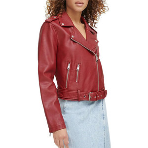 Blouson moto en cuir PU rouge pour femme avec fermeture éclair et ceinture, coupe courte, style automne - Product Image 2