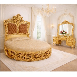 Luxury European Style Round Bed with <b>Side</b> <b>Table</b> <b>Set</b> Royal Gold Carved Teak Wood Bed <b>Set</b> Customized Bedroom Furniture Australia - Product Image 1