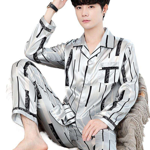 Pijamas de Algodón Satinado para Hombre, Manga Corta, Transpirables, Lavables a Máquina, Diseño a Rayas, Ropa de Dormir Informal con Bolsillos, para Verano - Product Image 1