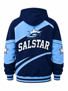เสื้อฮู้ดดี้ผู้ชายสไตล์วินเทจสีน้ำเงินแบบมีซิป พร้อมฮู้ด  เสื้อสเวตเชิ้ตพรีเมียมแนวสตรีทแวร์  ตกแต่งด้วยแผงผ้าตัดกัน  รับสกรีนโลโก้ตามสั่ง - Product Image 2