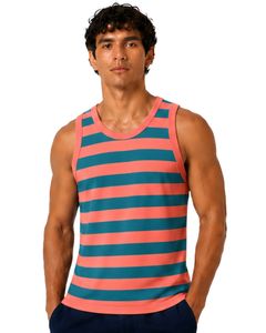 Coral Teal Striped <b>Men</b> Cotton Tank Top Sleeveless <b>Vest</b> Casual Summer <b>Beach</b> Gym Fitness Shirt Breathable Loose Fit Streetwear - Product Image 1