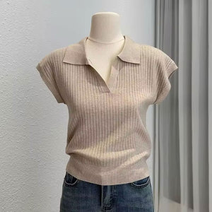เสื้อถักลำลองผู้หญิงแบบคัลเลอร์บล็อก ผ้าฝ้าย/ใยไผ่ ทรงปกติ แขนสั้น แห้งเร็ว เป็นมิตรกับสิ่งแวดล้อม - Product Image 1