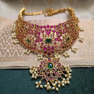 Kempu Women's Gold Plated Brass Choker Necklace and Earring Jewelry Set with Oxidized Polish for Party - Product Image 3