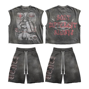 Ensemble short et débardeur en coton premium 260 GSM, gris délavé vintage, impression sérigraphique personnalisée - Product Image 2