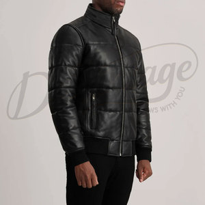 Veste matelassée en cuir noir de qualité supérieure pour homme, col montant, manteau d'hiver matelassé en similicuir, veste bomber rembourrée avec poignets côtelés - Product Image 5
