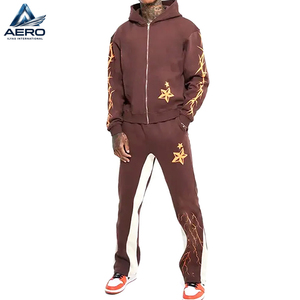 Conjunto de 2 piezas: Sudadera con capucha de cremallera completa y pantalones de chándal con paneles acampanados, con estampado gráfico de estrella naranja y lavado ácido marrón, el mejor producto de 2026 - Product Image 1