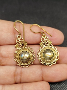 labradorite Export Brass Gemstone Drop <b>Earrings</b> Bulk Handcrafted Gold Plated Finish Pattern Bezel - Product Image 6