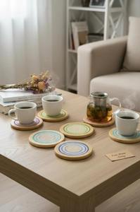 Posavasos de ratán colorido con borde de madera y soporte para uso diario en cocina, oficina, cantina y cafetería, protección para tazas de té y café. - Product Image 3